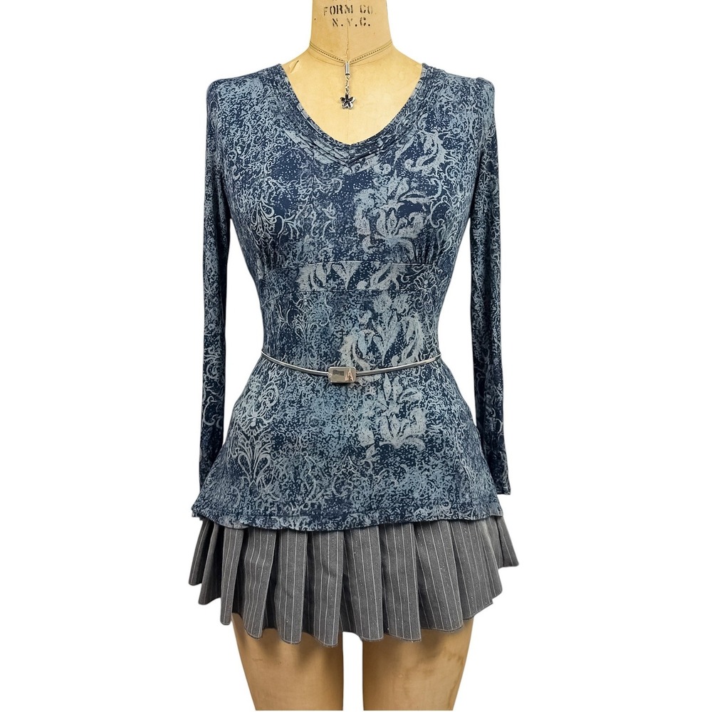 90s Dark Paisley Long Sleeve Navy Burnout Print Whimsigoth Elevated Boho Small
